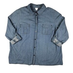 Laura Scott Women's Denim Top Plus Size 2X Blue Roll Tab Sleeve‎ Countrycore